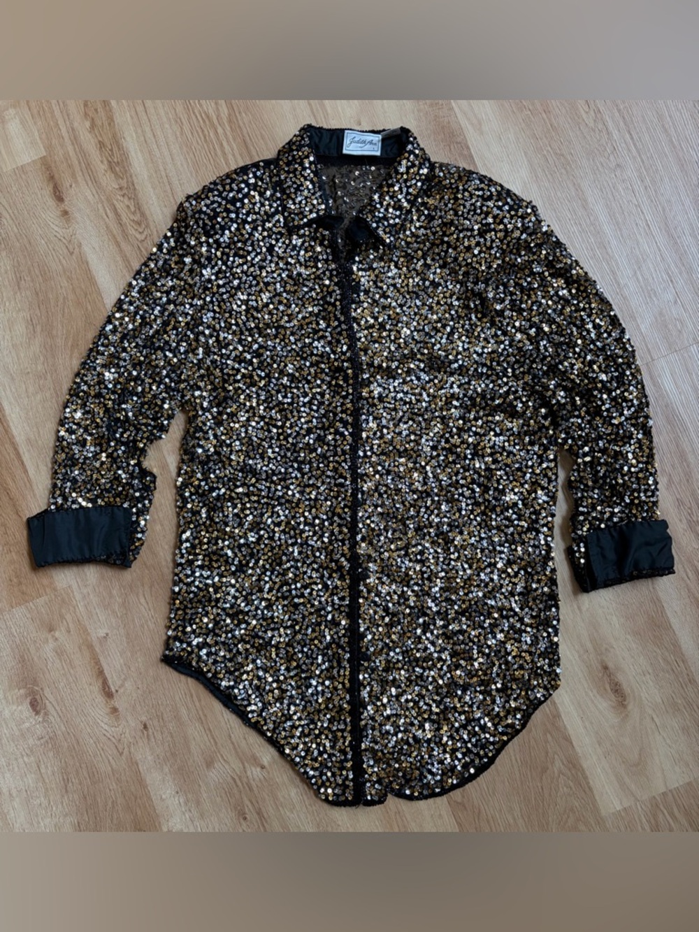 Vintage Sequin Blouse Black Gold Button-Up Top Shacket 100% silk large